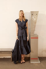 Vestido Lino Volante - Navy