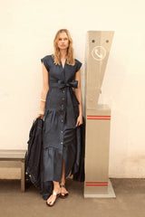 Vestido Lino Volante - Navy