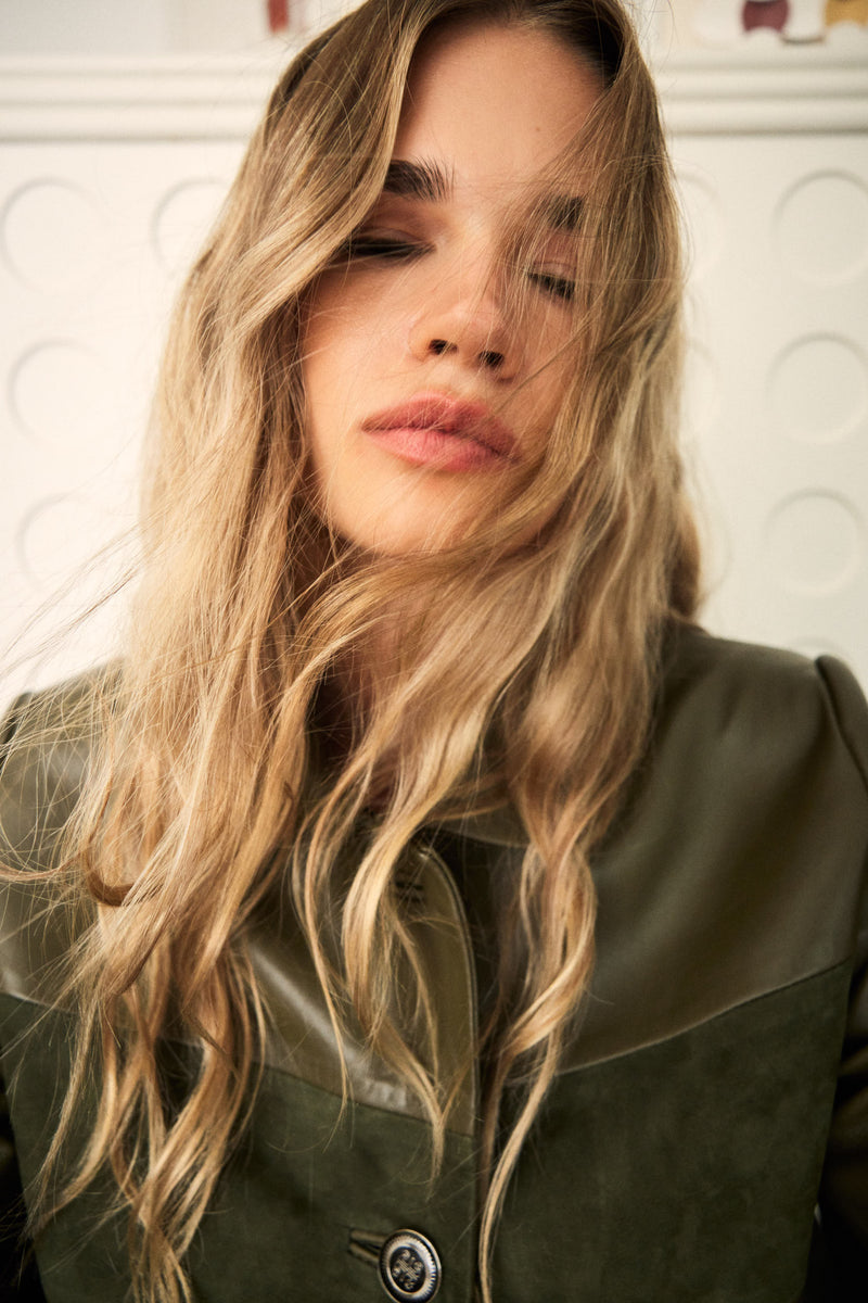 Manech 003 Limited Edition dunkelgrüne Leder- und Wildlederjacke